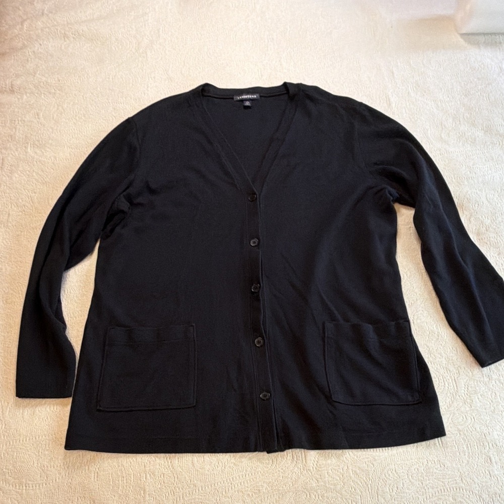 Lands' End Women Black 100% Cotton Knit V-Neck Button Front Cardigan L 14-16
